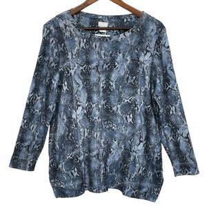 Chico's Top Women Size M‎ Blue Snake Skin 100% Pima Cotton Long Sleeve Pockets
